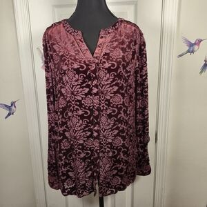 Sundance Silk Blend Burnout Velvet Floral Button Down Blouse Medium Burgundy